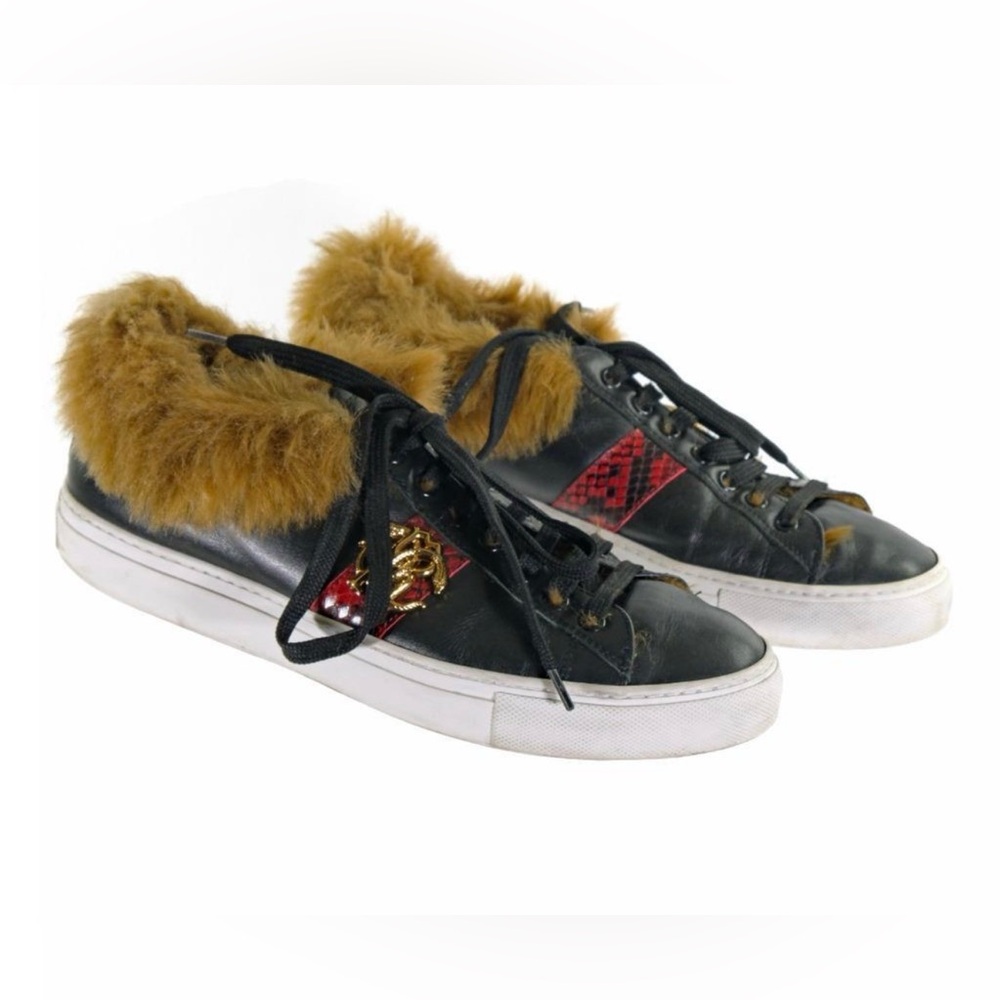 🔥Roberto Cavalli on SALE 🔥Black Sneakers with Red and Fur Accents